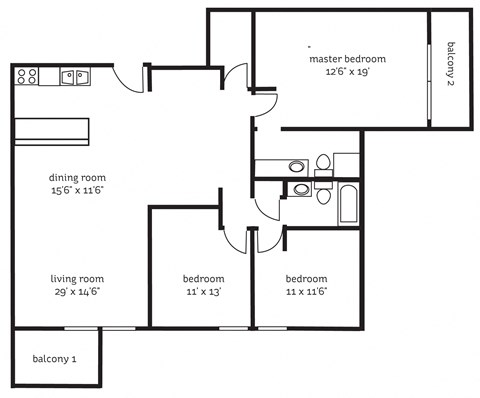 Floor plan for 3 beds, 1.8 baths, 1330 sqft